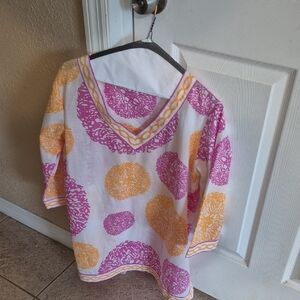 Vibrant Women's Tunic with Light Purple, White and Yellow Patterns